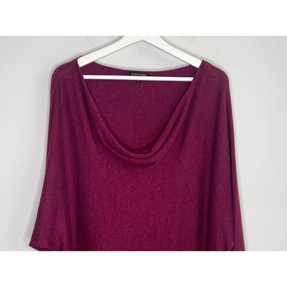 Eileen Fisher Cotton-Cashmere 3/4 Sleeve Drape Cowl Neck Sweater Magenta Medium - Picture 3 of 10
